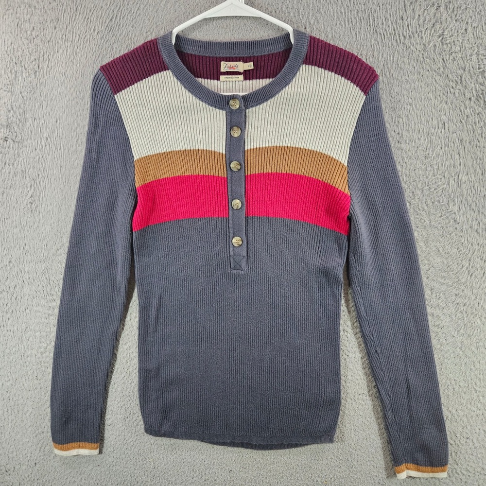 Faherty Organic Cotton Cashmere Ribbed Stripe Henley Sweater Grey Pink Womens M